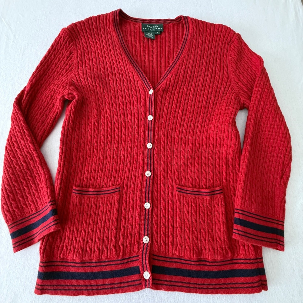 Lauren Ralph Lauren Cardigan Womens Small Red Cable Knit Nautical Stripe V-Neck